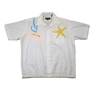 Vtg OMNI II Seashell Shirt Mens‎ 15.5 White Starfish Elastic Hem Tropical Resort